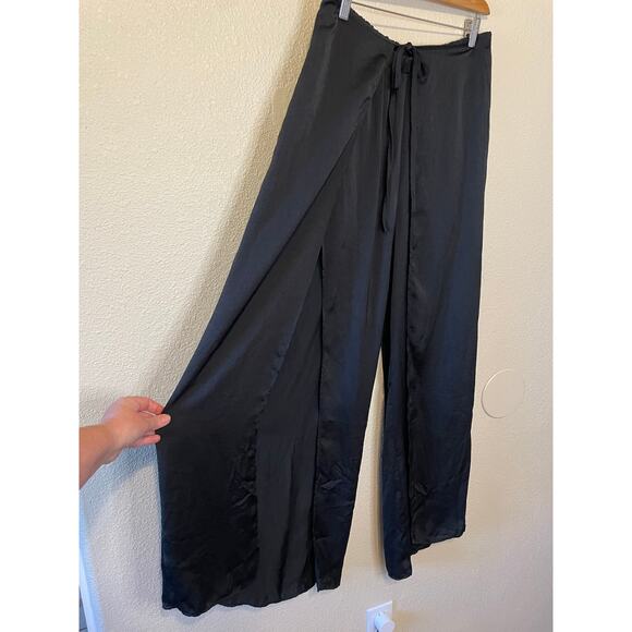 Talulah Boho Silky Black Palazzo Tie Front High Slit Wide Leg Pull On Pants Lg - Picture 2 of 12
